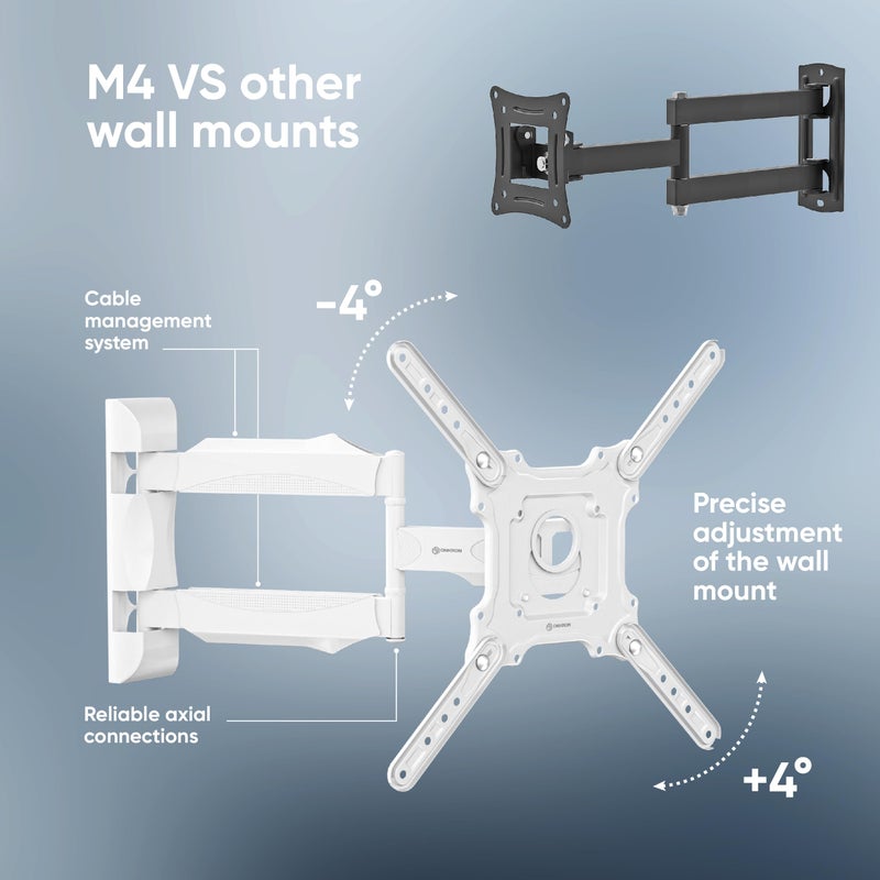 ONKRON Full Motion TV Wall Bracket for 32-65 Inch Screen, Television Wall Mount Weight up to 35 kg, Universal TV Bracket VESA 100x100 - VESA 400x400, Tilt and Swivel Television Mount White M4-W - Image 5